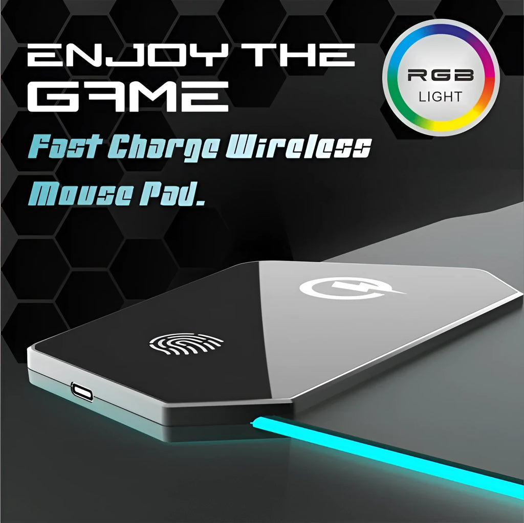 Large black gaming mouse pad with mech-style graphics on a desk, showing its non-slip rubber base and TYPC interface.