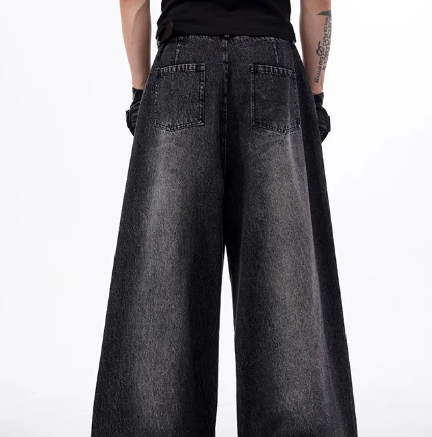 Women's black and grey washed denim wide leg pants with matching vest in Korean style