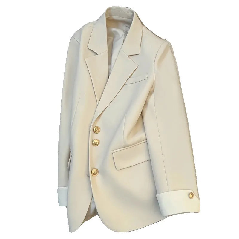 Women's Korean-style coat in solid colour with loose fit, 65cm length, and pockets for commuting wear.