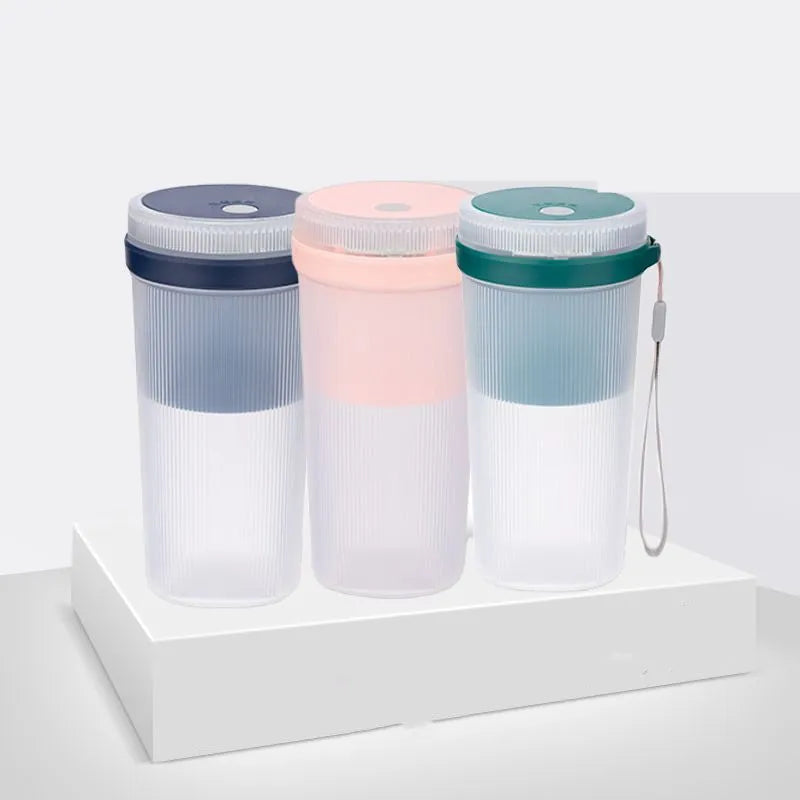 Blue portable blender electric juicer cup with USB cable, dimensions 7x7x19.5cm, 300ml capacity