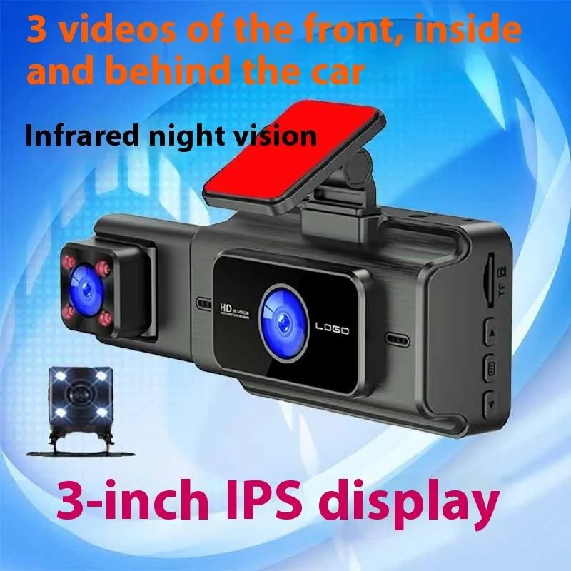 Black three-lens car dashboard camera with 3 inch screen mounted on front windshield