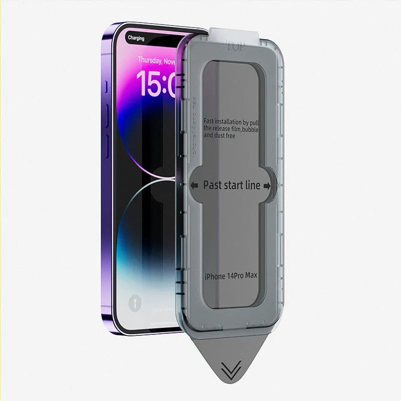 Tempered glass privacy screen protector for iPhone with choice of HD, frosted, or anti-peep finish.