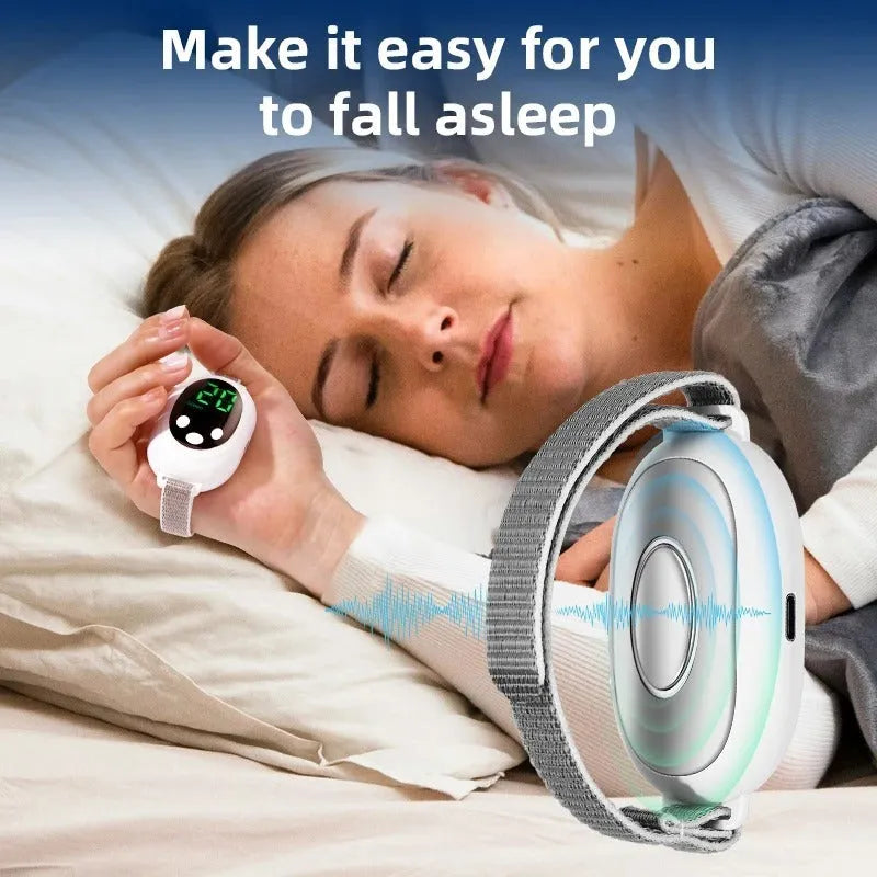White handheld sleep aid remote control device with USB charging port and adjustable intensity settings