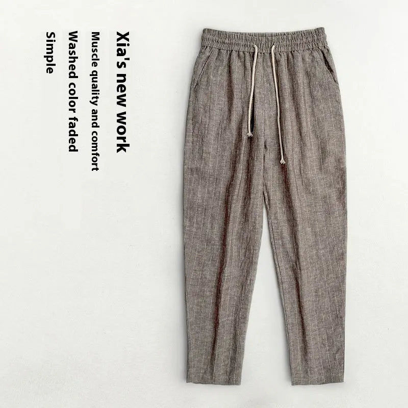 Men's striped cotton-linen cropped trousers in khaki, coffee, navy blue and white colour options