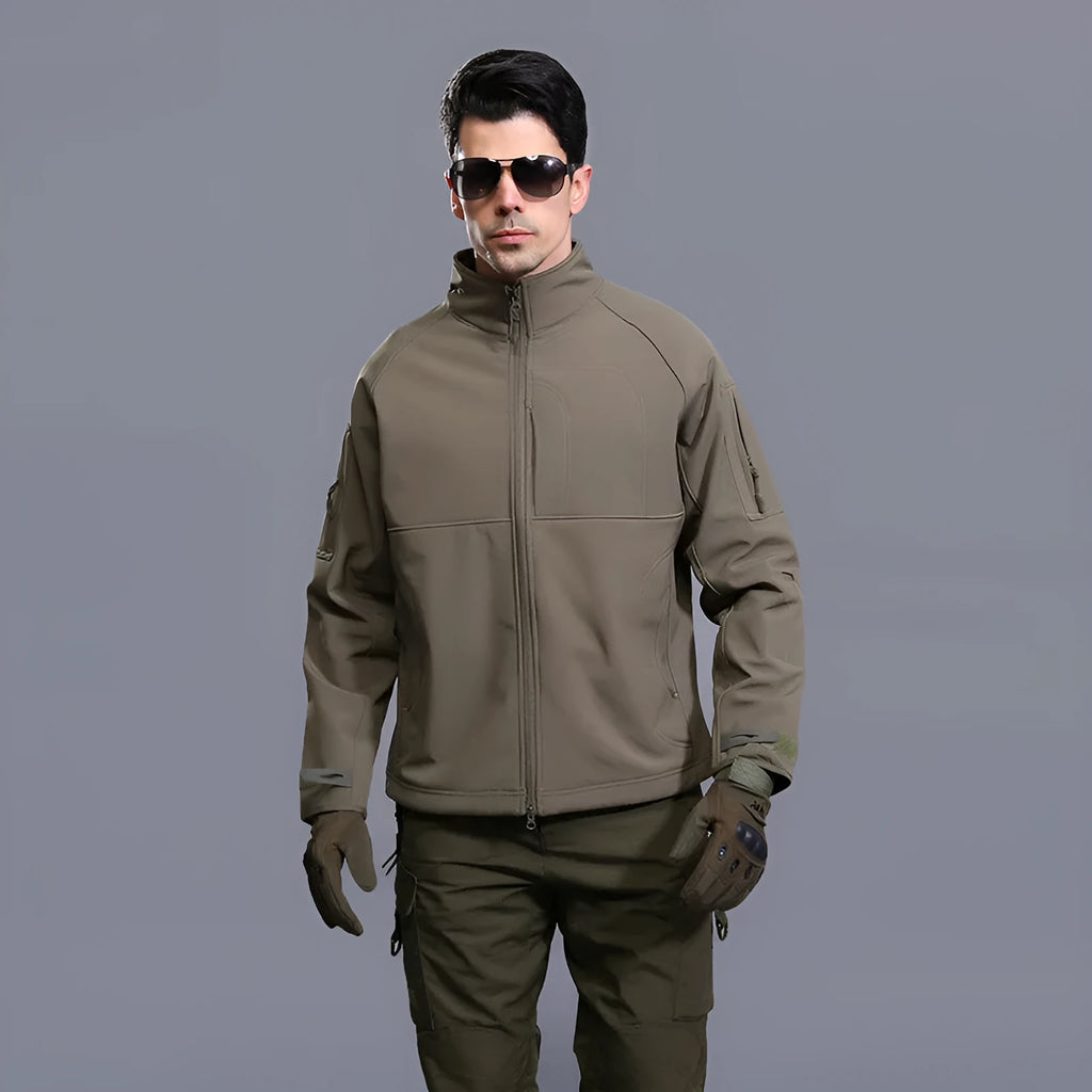Men's thin commander-style outdoor jacket in loose fit with stand collar, shown in camouflage colour.