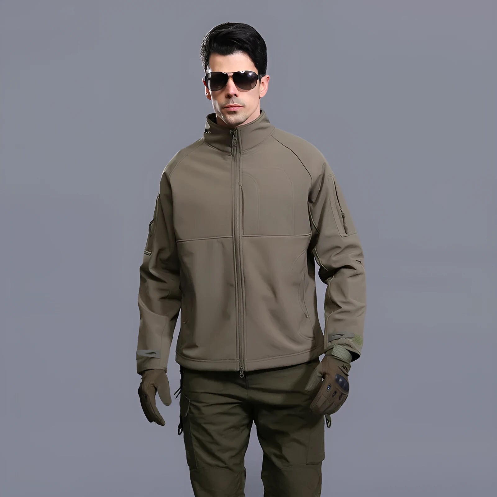 Men's thin commander-style outdoor jacket in loose fit with stand collar, shown in camouflage colour.