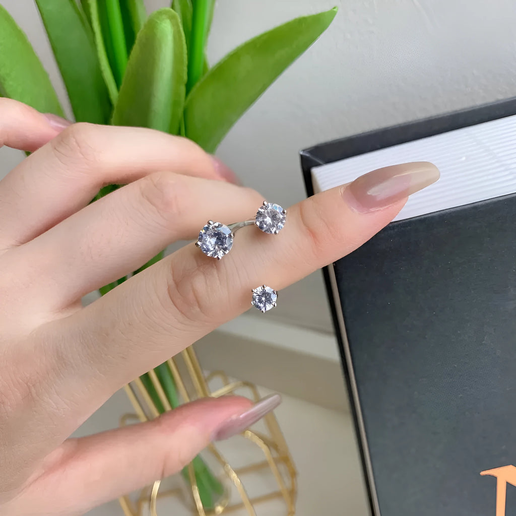 S925 sterling silver open ring with zircon inlay, geometric shape, platinum colour, adjustable opening