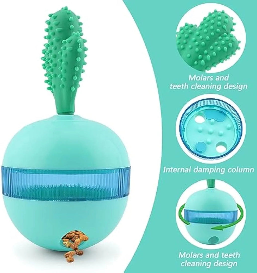 Blue and green durable rubber interactive dog toy with tumbler design for treat dispensing
