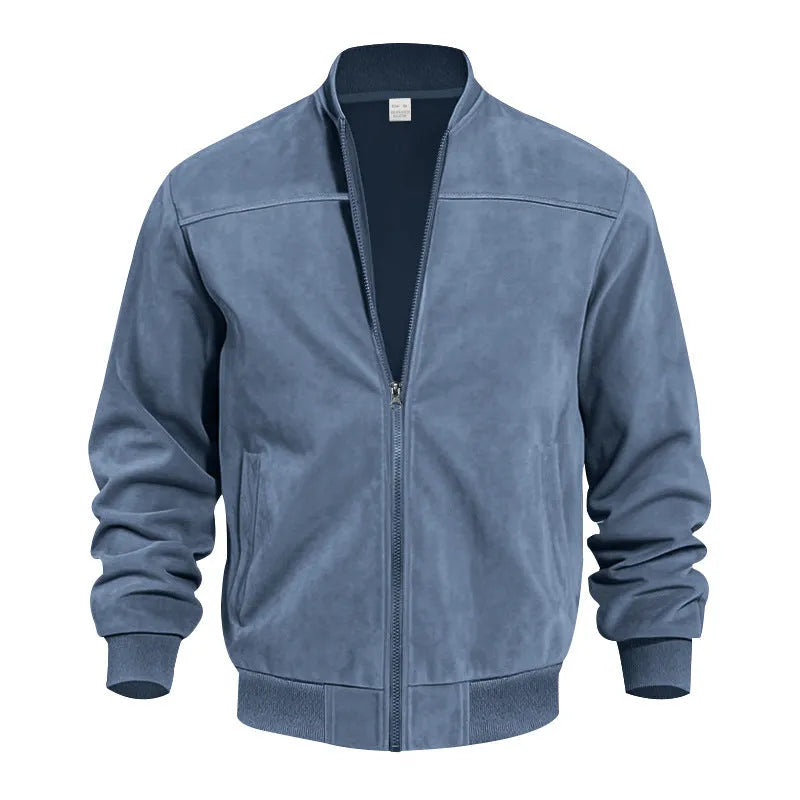 Men's plus size suede jacket in army green with zipper front and regular sleeves