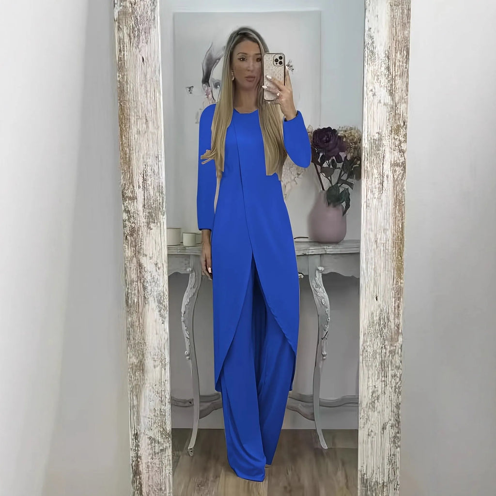 Casual polyester two-piece set with long sleeve top and trousers in khaki