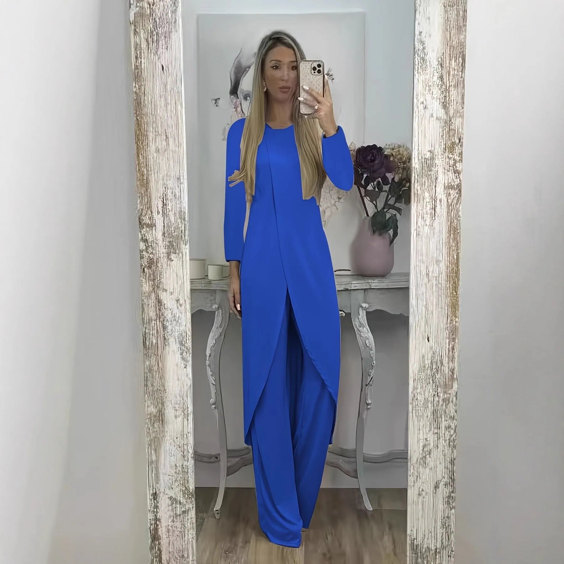 Casual polyester two-piece set with long sleeve top and trousers in khaki