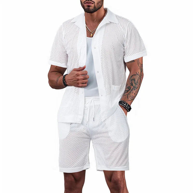 Hawaii see-through summer leisure suit comprising a short sleeve cardigan and matching shorts on a hanger.