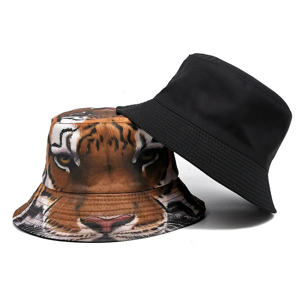 Medium-sized khaki tiger pattern bucket hat with a dome crown on a neutral background.