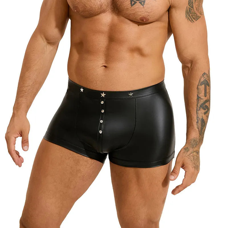 Black PU leather men's boxer shorts with U pouch design on a size chart background
