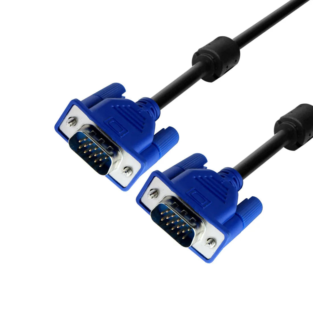 Black VGA video cable with blue moulded connectors and nickel-plated pins, length 1.5 metres.