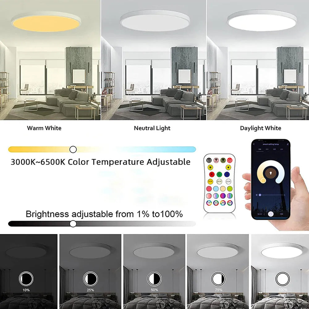Black and white versions of a round, modern RGBCW Bluetooth smart ceiling light with app and remote control.