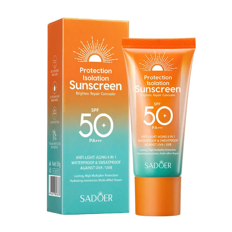 Double tube sunscreen packaging showing 50g net content with repair isolation properties