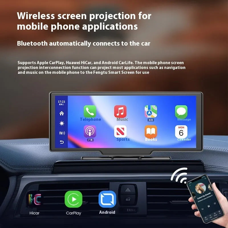 10-inch car smart screen with CarPlay, driving recorder, and reversing camera on dashboard