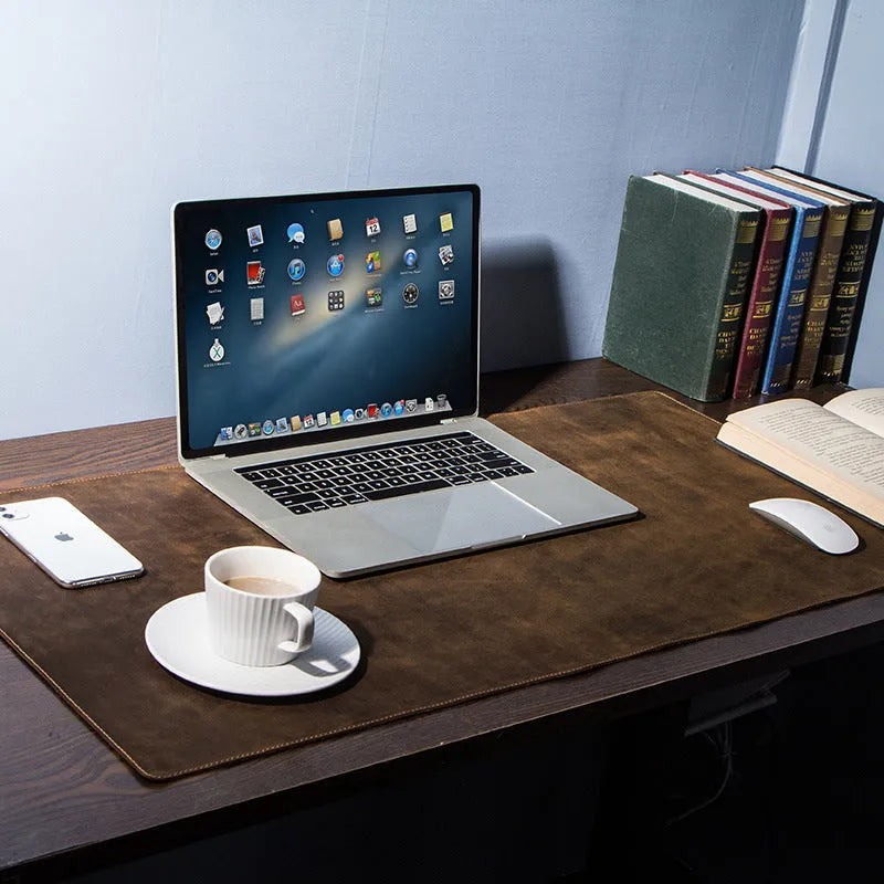 Extra large non-slip leather desk pad in coffee, 90cm x 45cm, mad horse skin, retro desktop mat
