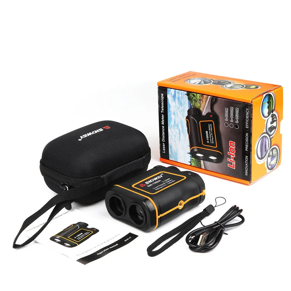Outdoor handheld golf rangefinder with 1500m measuring range and compact design for accurate distance calculations