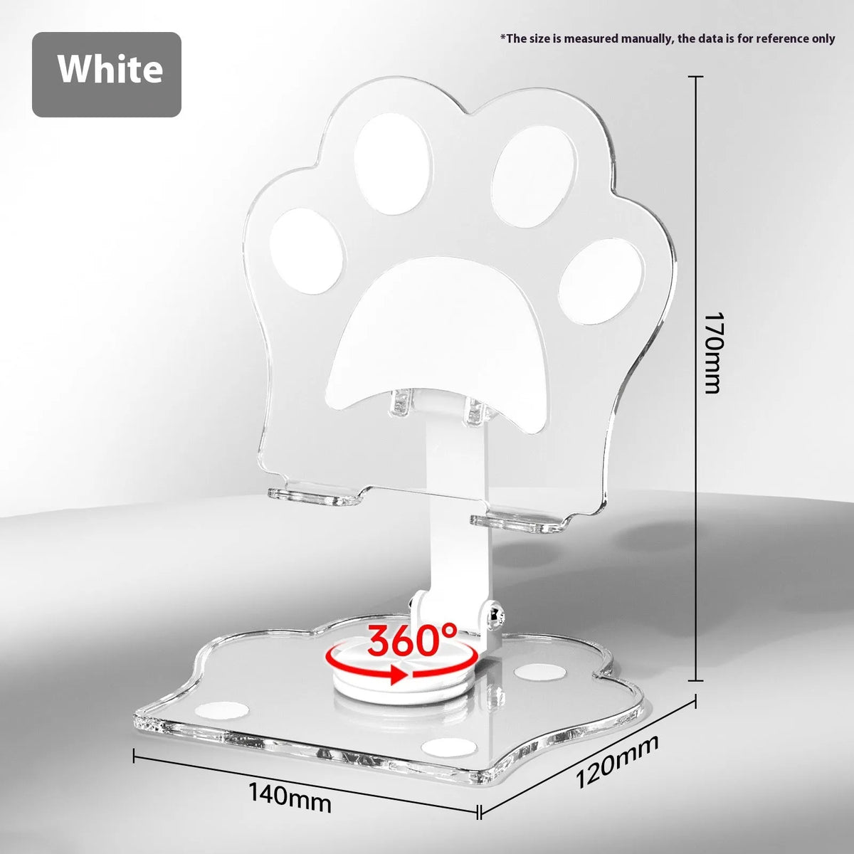 Transparent acrylic rotating mobile phone stand in cartoon style, available in five colours.