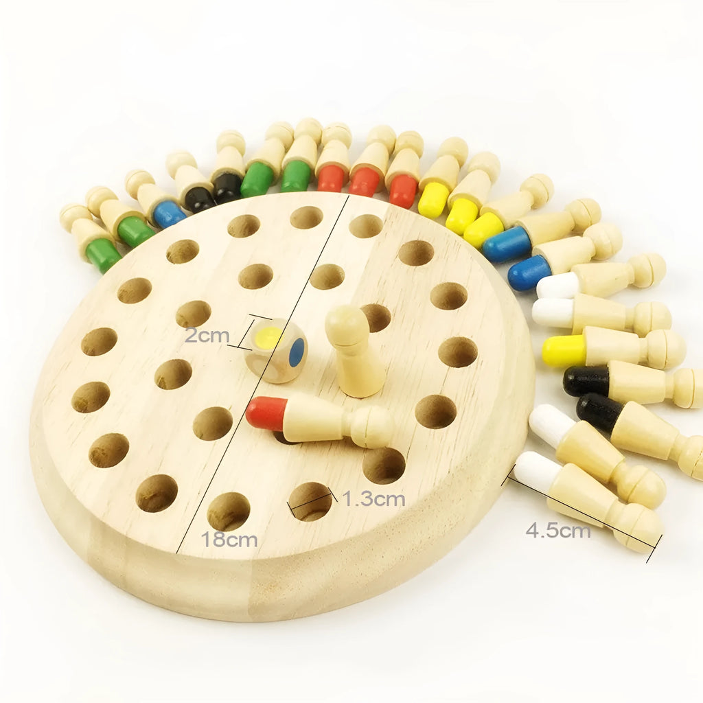 Montessori baby wooden memory match stick chess toy with green varnish board and coloured sticks.