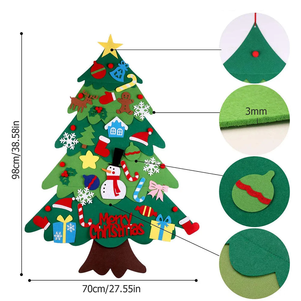 Green DIY felt Christmas tree with fairy-tale lights mounted on wall with decorative ornaments