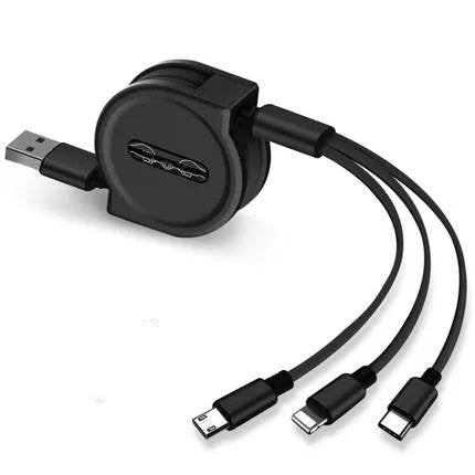 3-in-1 telescopic charging cable with TPE-coated 120cm wire and titanium alloy connectors in multiple colour options
