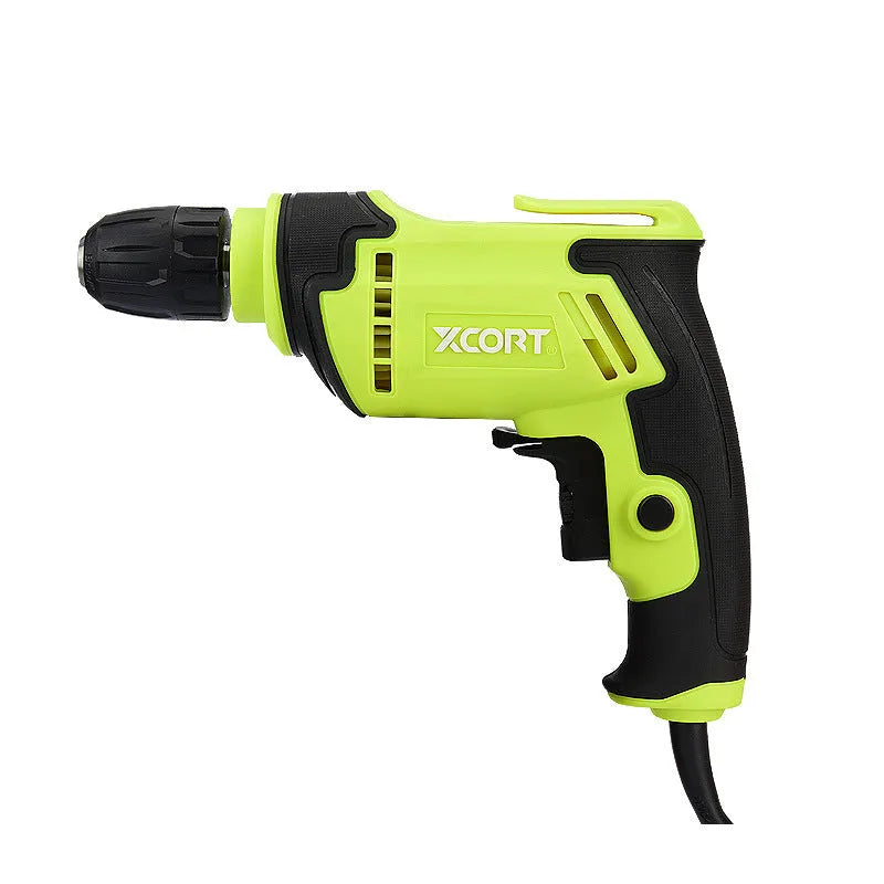 Pistol grip electric drill with 450W motor, 10mm chuck, and dimensions 24x24x7cm for drilling wood, aluminium, and steel