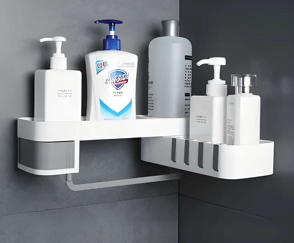 White grey retro European style corner bathroom shelf with suction cup wall mounting