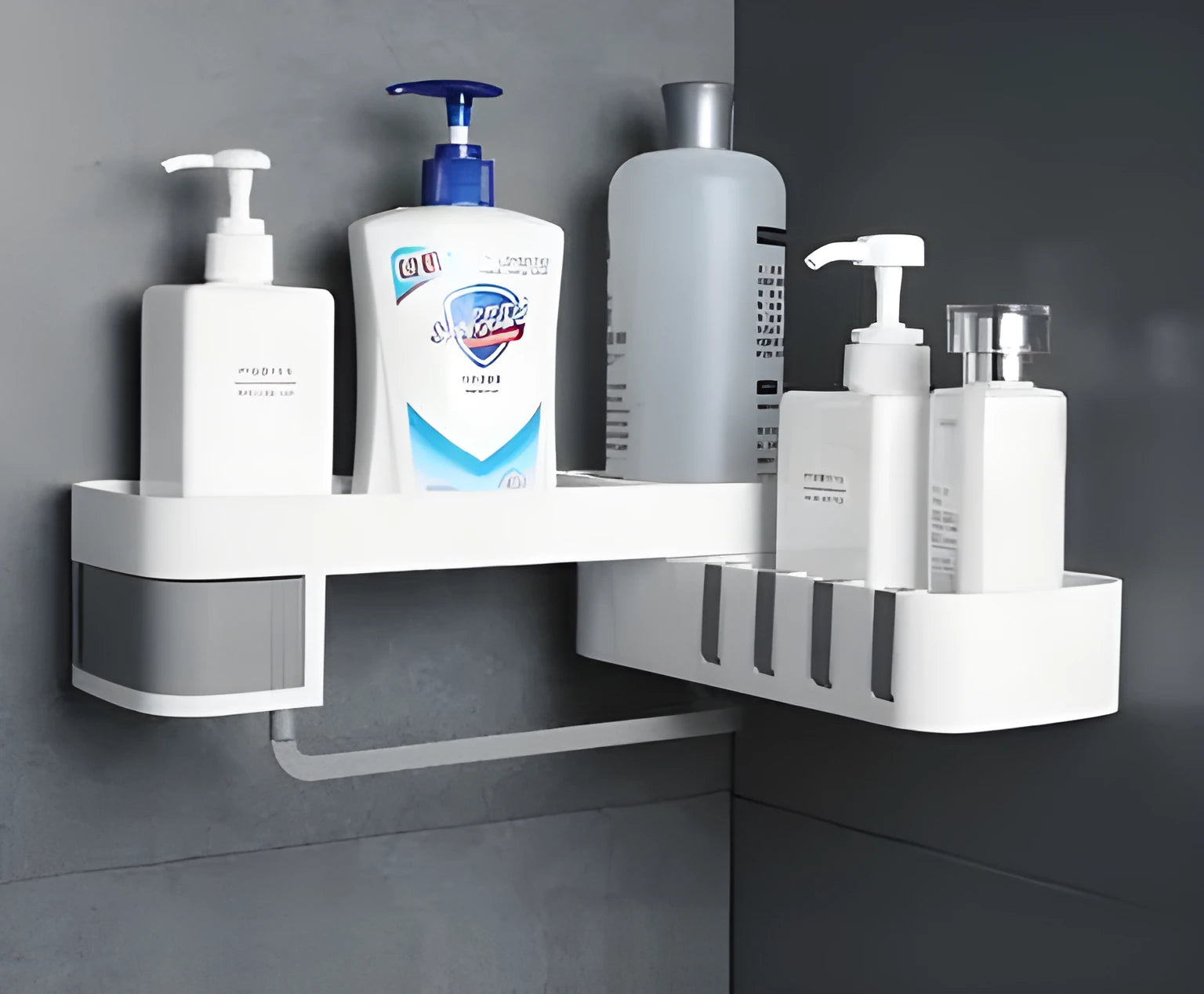 White grey retro European style corner bathroom shelf with suction cup wall mounting