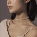 Hand-woven white pearl necklace with adjustable bean chain, 31-40cm circumference, 0.8cm wide.