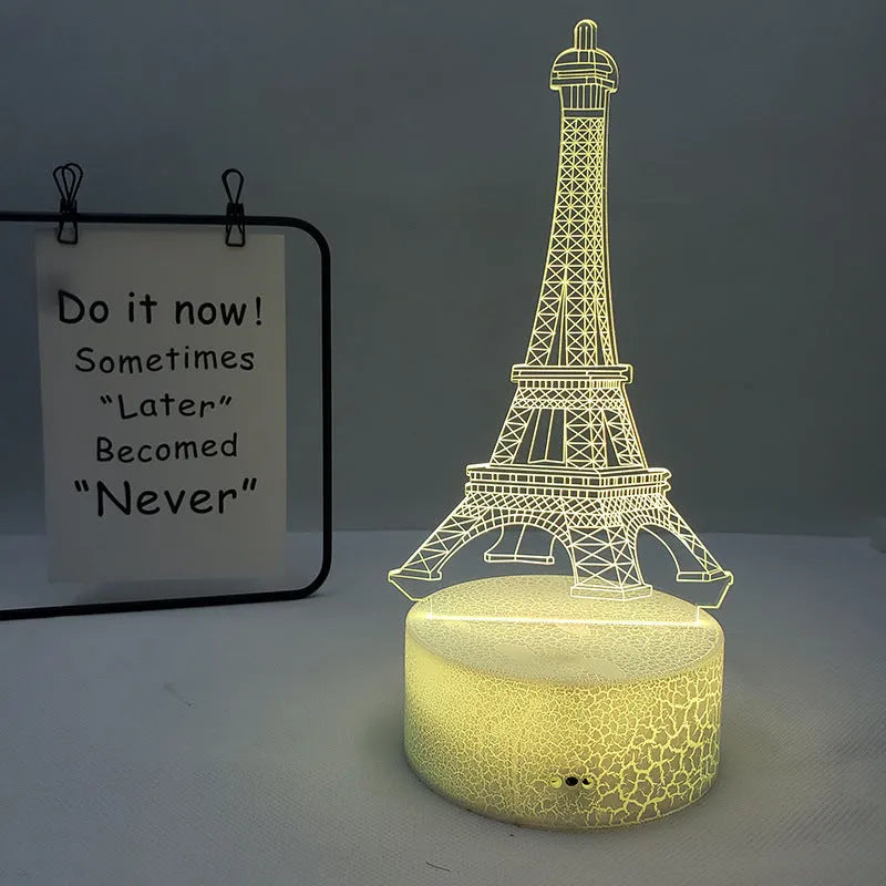 Seven colour Eiffel Tower silhouette 3D visual acrylic table lamp with touch control.