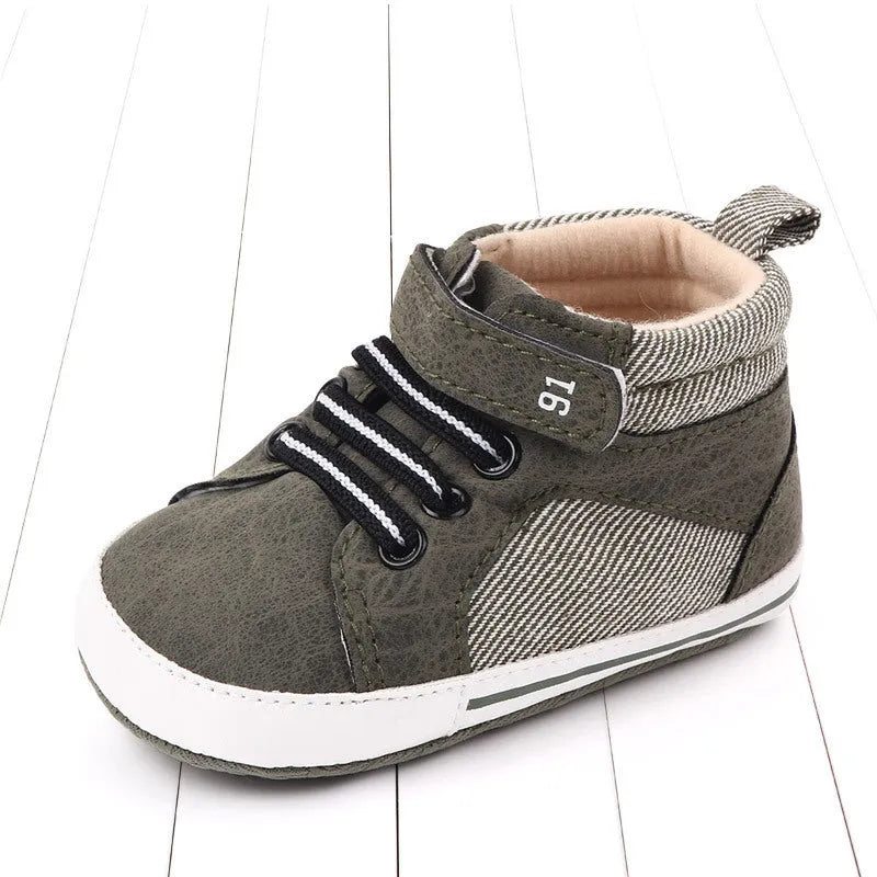 Blue cotton high-top toddler shoes with Velcro closure and non-slip sole