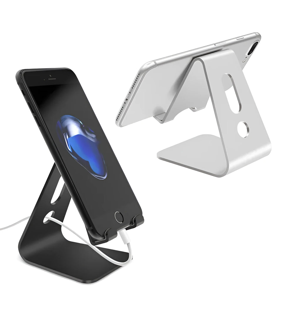 Aluminium alloy universal phone and tablet stand in black, red, rose gold, and silver colours