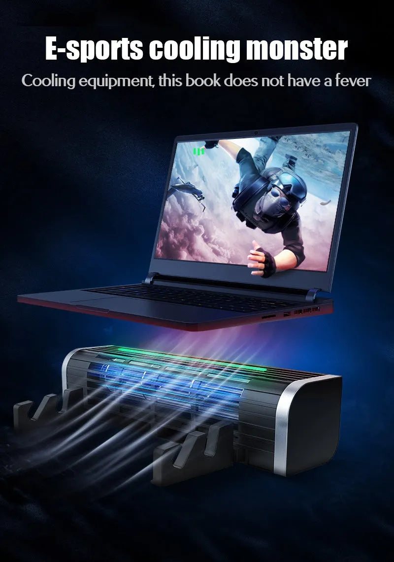 Black notebook cooler with adjustable fan for laptop temperature management, showing dimensions and USB power connection