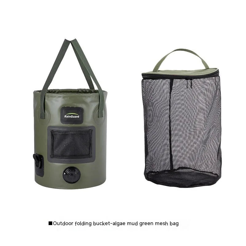 Folding fishing bucket with mesh pocket in lemon yellow colour showing 25-litre capacity and collapsed storage position
