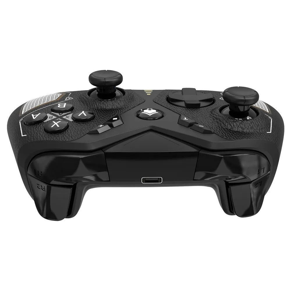 Black wireless game controller with leather pattern texture, dimensions 171x67x136mm