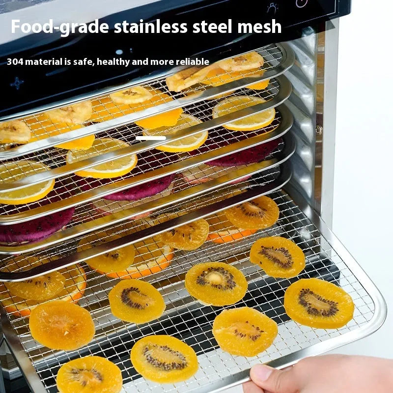 Stainless steel fruit dehydrator with visual skylight, 6 trays, LED control panel showing temperature settings