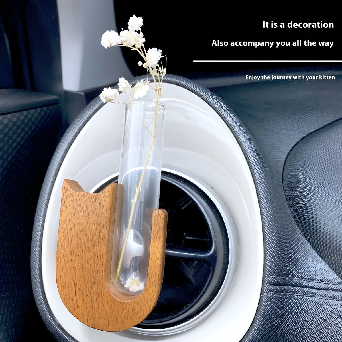 Wooden cat car vent vase in black walnut or beech with magnet or clip fitting for centre console decoration