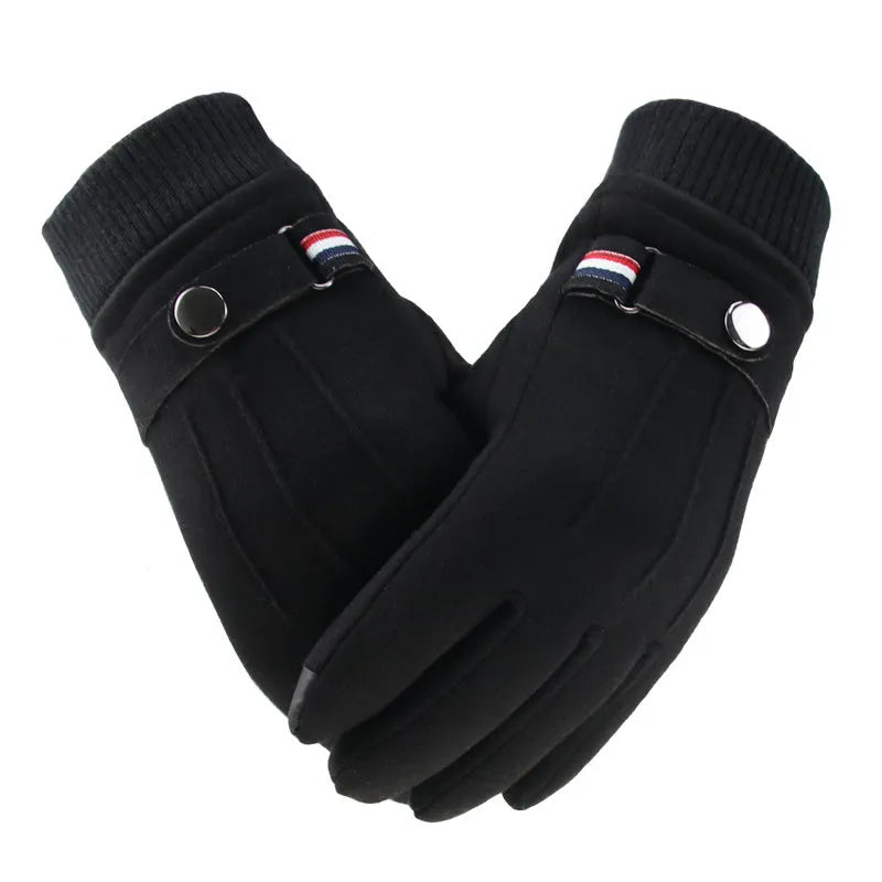 Men's suede winter gloves in black, brown, or grey, wrist length, for autumn and winter