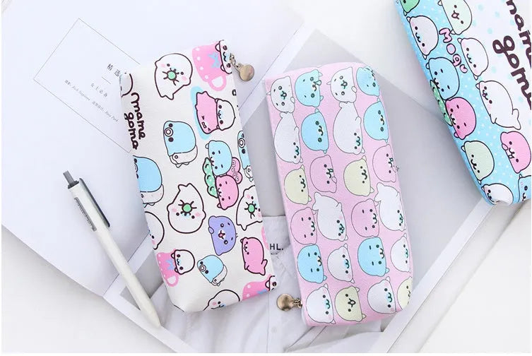 Blue triangle PU leather stationery bag with cartoon expressions and large zipper