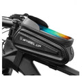 Black and grey mountain bike phone bag with reflective strips mounted on bicycle handlebars