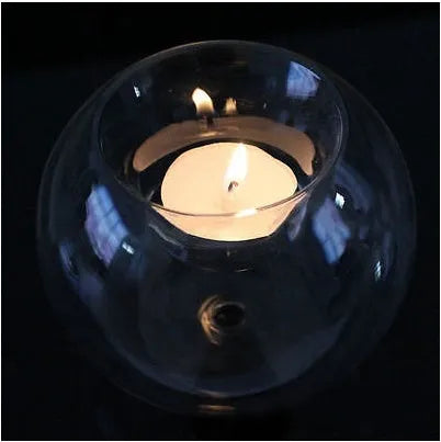 Handmade round hollow glass candle with spherical design, 7.5-10.0cm diameter range, clear transparent glass