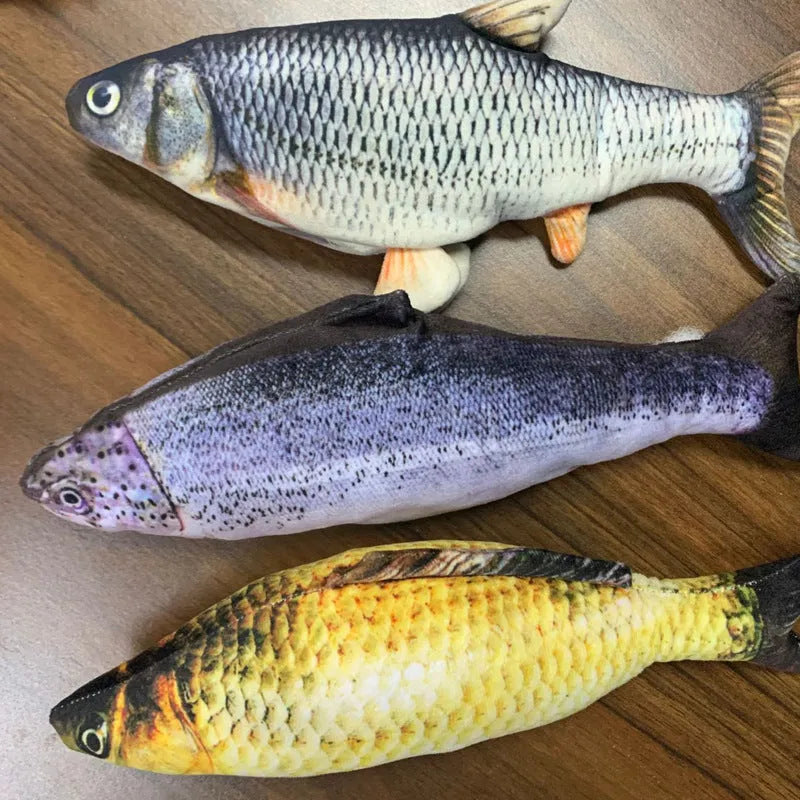 Multicolour 30cm electric jumping fish cat toy with a USB charging cable.