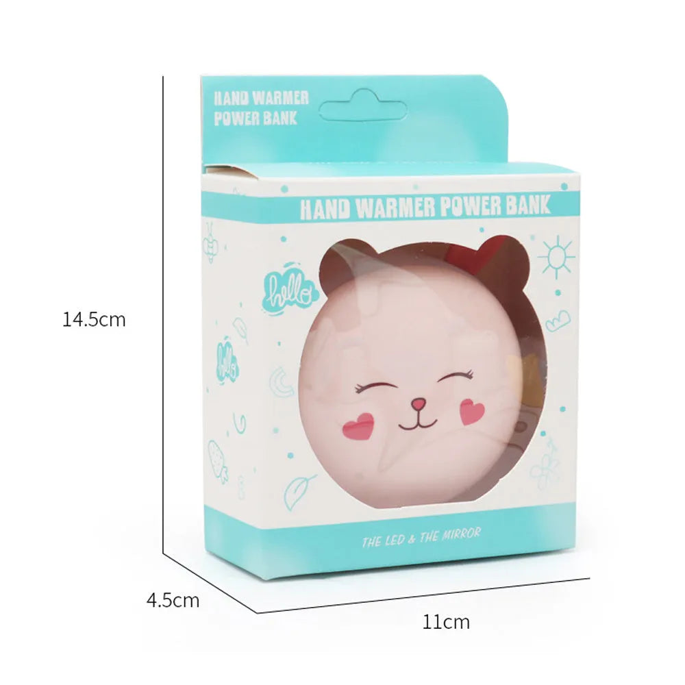 Blue and pink rabbit 3 in 1 USB hand warmer power bank with LED makeup mirror, 11 x 4.5 x 14.5cm ABS plastic