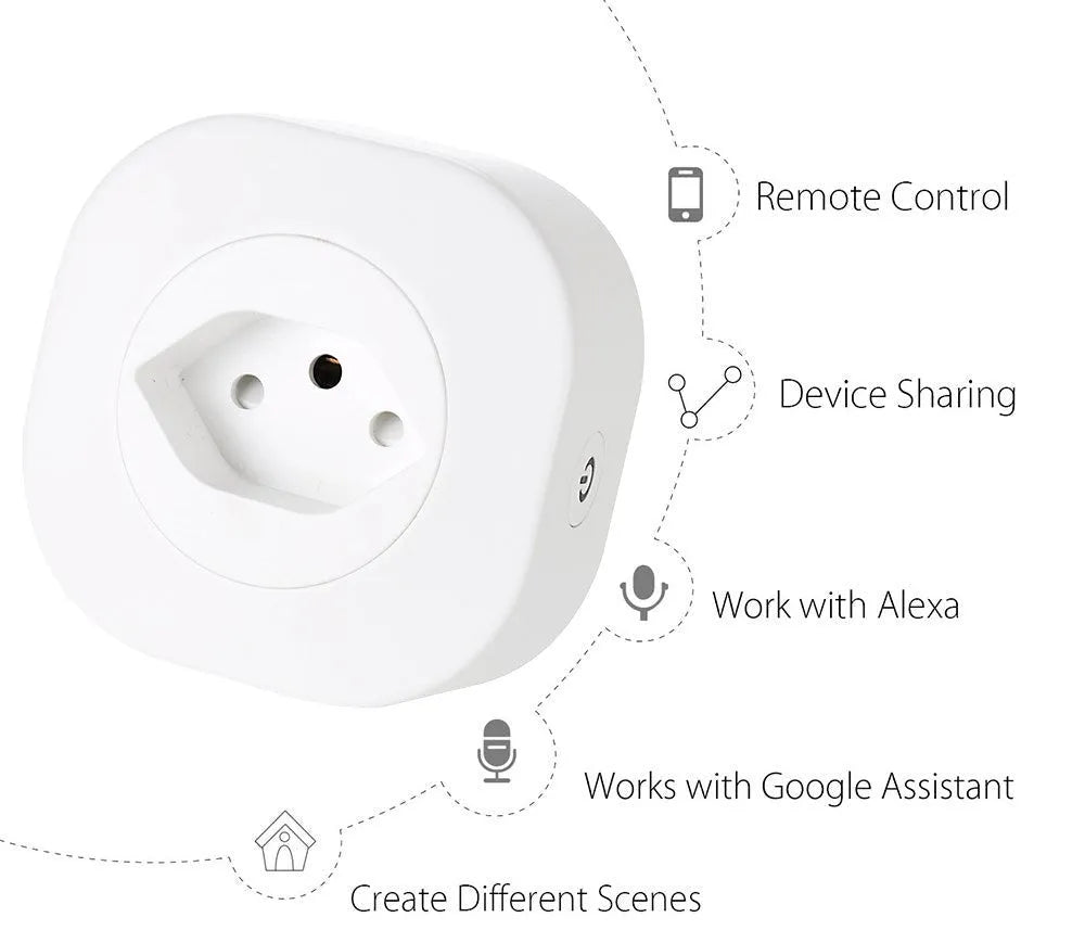 White smart socket plug with dimensions 70x70x72mm showing electrical specifications and WIFI control capability