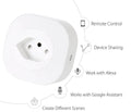 White smart socket plug with dimensions 70x70x72mm showing electrical specifications and WIFI control capability
