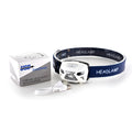 Rechargeable LED head-mounted sensor headlight with webbing strap in black, green, grey or white colours