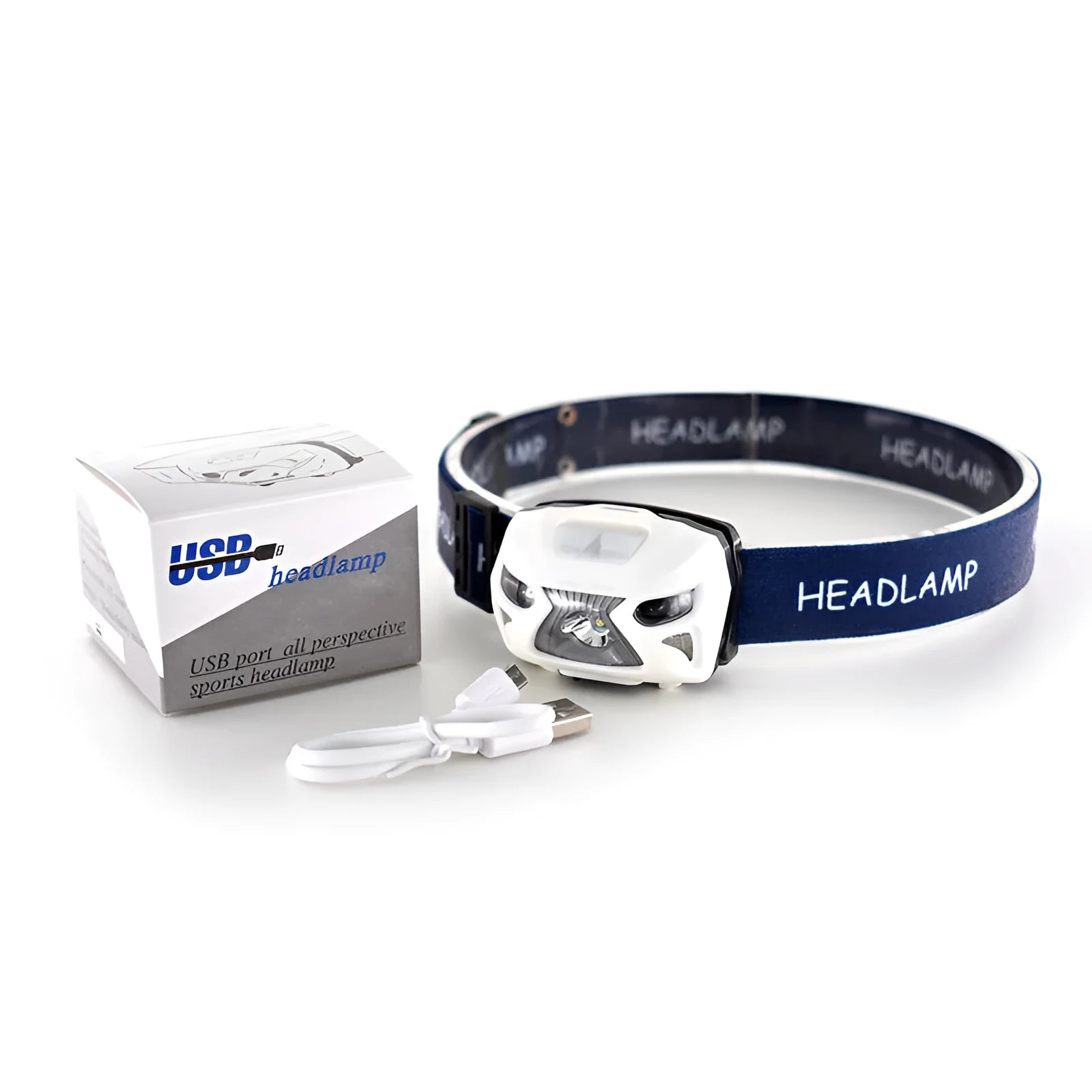 Rechargeable LED head-mounted sensor headlight with webbing strap in black, green, grey or white colours